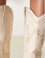 ‌Stylish embroidered western knee boots in cream